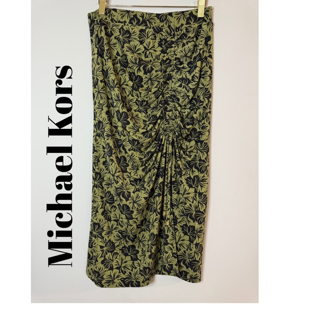 Michael Kors Floral Ruched Midi Skirt Size M Green Black Chic Resort Style